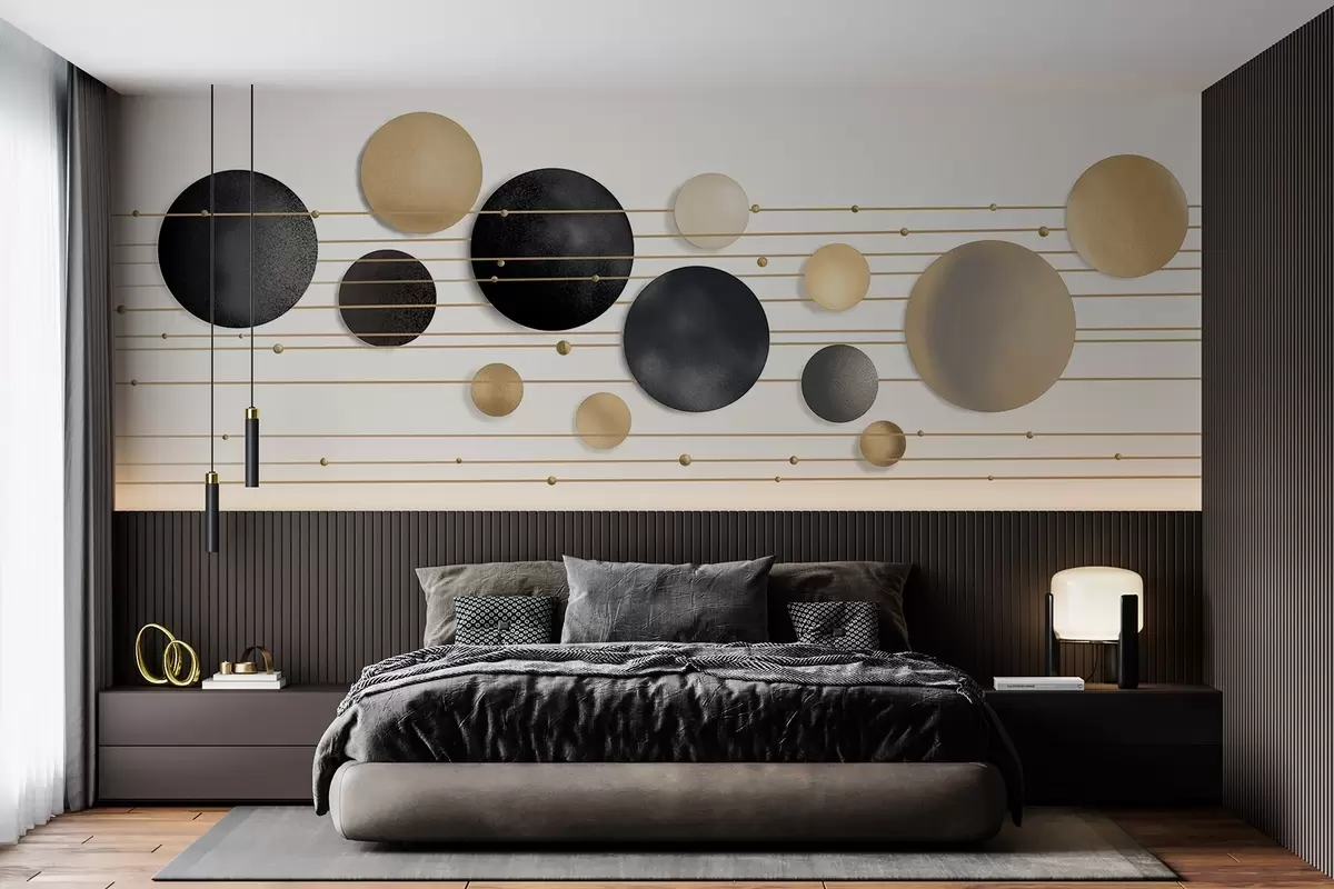 wall murals Abstract modern design with textured circles in white, yellow and gray tones, connected by thin lines, minimalist art  w09060