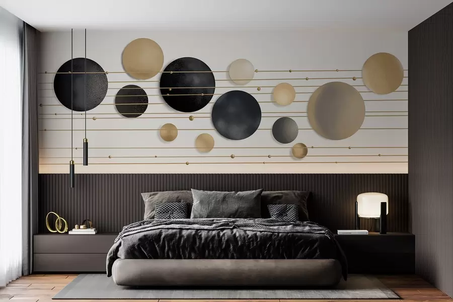 wall murals Abstract modern design with textured circles in white, yellow and gray tones, connected by thin lines, minimalist art  w09060