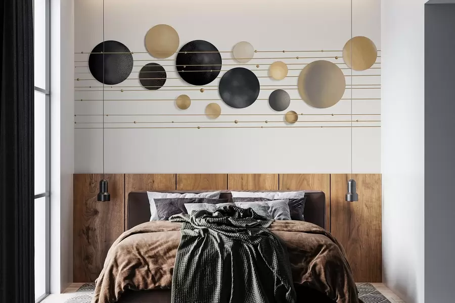 wall murals Abstract modern design with textured circles in white, yellow and gray tones, connected by thin lines, minimalist art  w09060