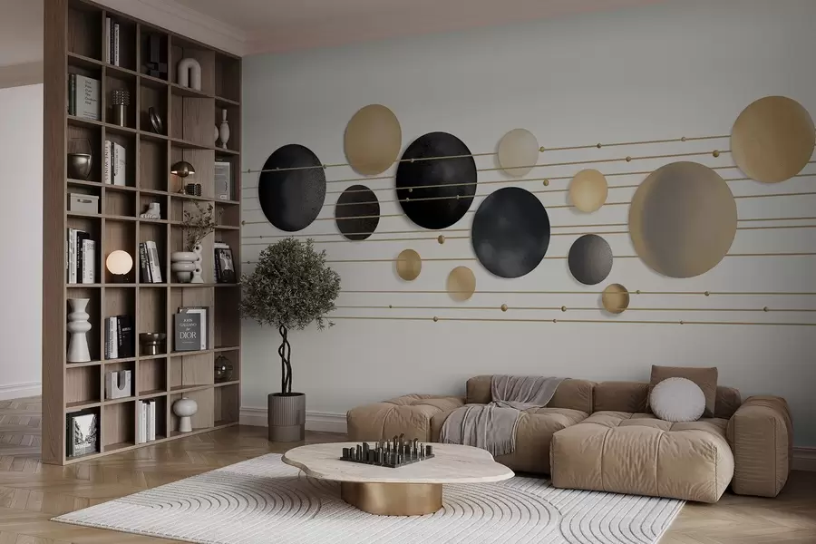 wall murals Abstract modern design with textured circles in white, yellow and gray tones, connected by thin lines, minimalist art  w09060