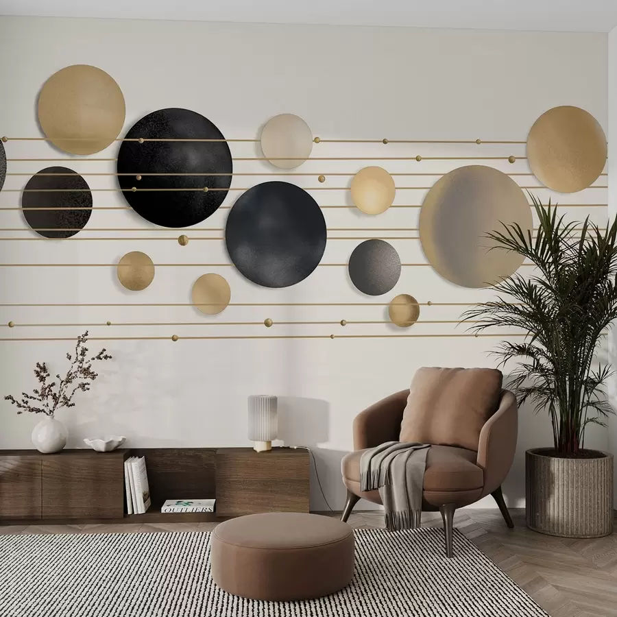 wall murals Abstract modern design with textured circles in white, yellow and gray tones, connected by thin lines, minimalist art  w09060