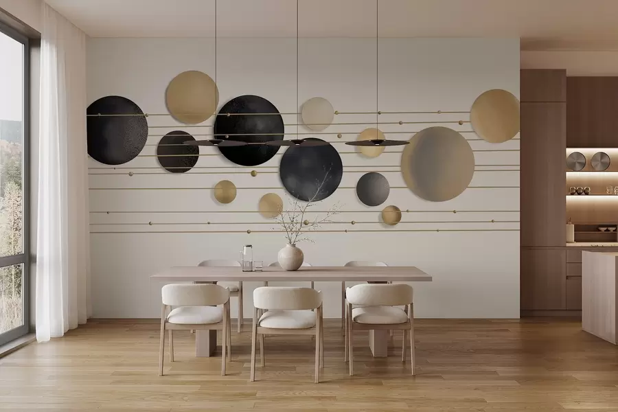 wall murals Abstract modern design with textured circles in white, yellow and gray tones, connected by thin lines, minimalist art  w09060