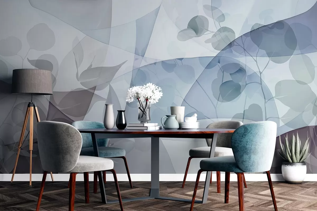 wall murals Abstract botanical illustration with eucalyptus leaves and geometric shapes in a soft muted colors of blue, brown and white w09061