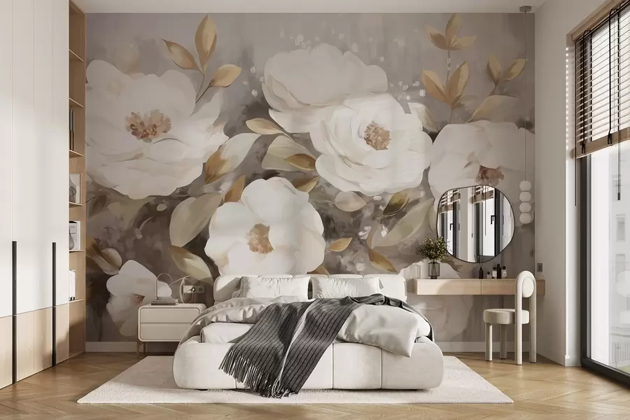 wall murals White flowers with yellow leaves, soft petals, delicate floral arrangement, neutral color palette, textured brushstrokes w09062