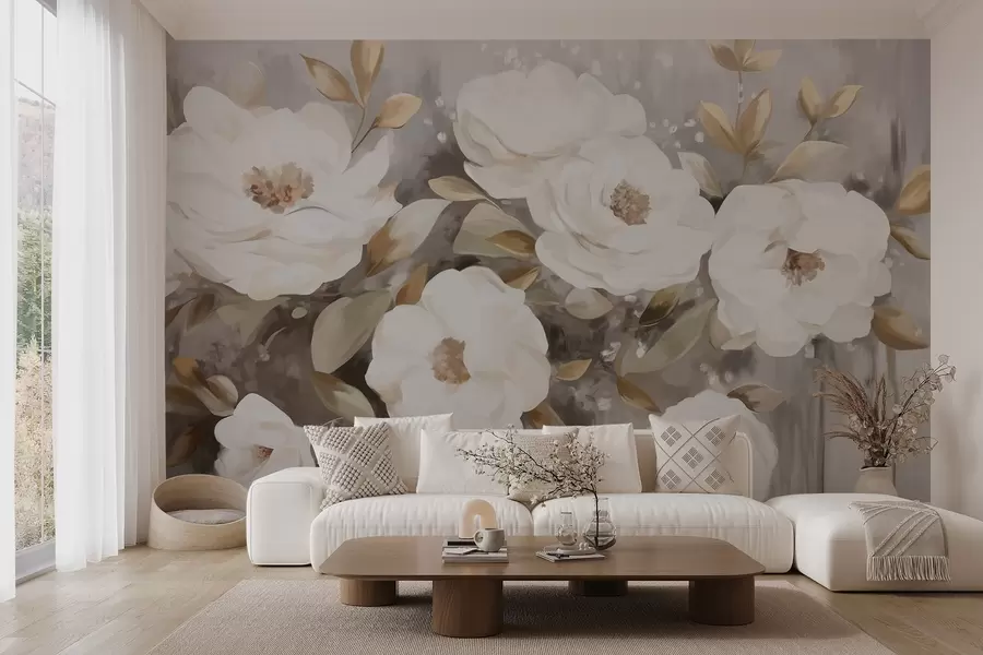 wall murals White flowers with yellow leaves, soft petals, delicate floral arrangement, neutral color palette, textured brushstrokes w09062