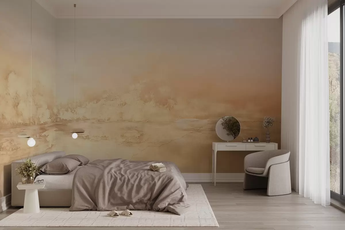 wall murals Abstract textured landscape with warm colors, a soft and dreamy atmosphere, and a blend of orange, yellow, and white hues w09063