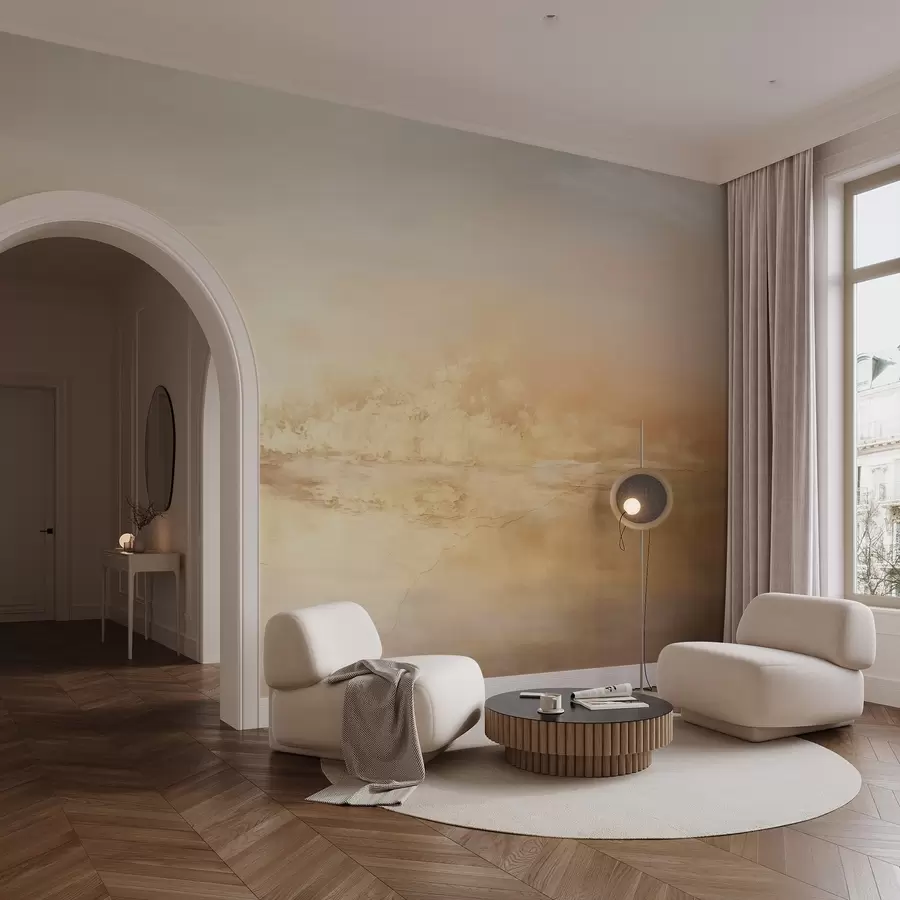 wall murals Abstract textured landscape with warm colors, a soft and dreamy atmosphere, and a blend of orange, yellow, and white hues w09063