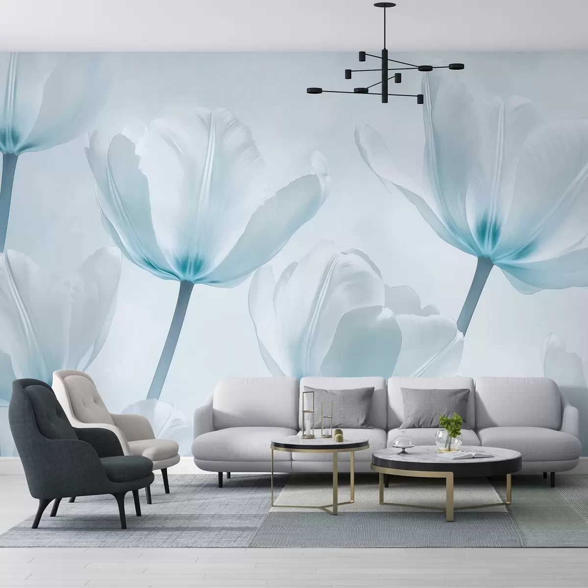 wall murals Beautiful tulips, floral, blue colors, realism w03877v1