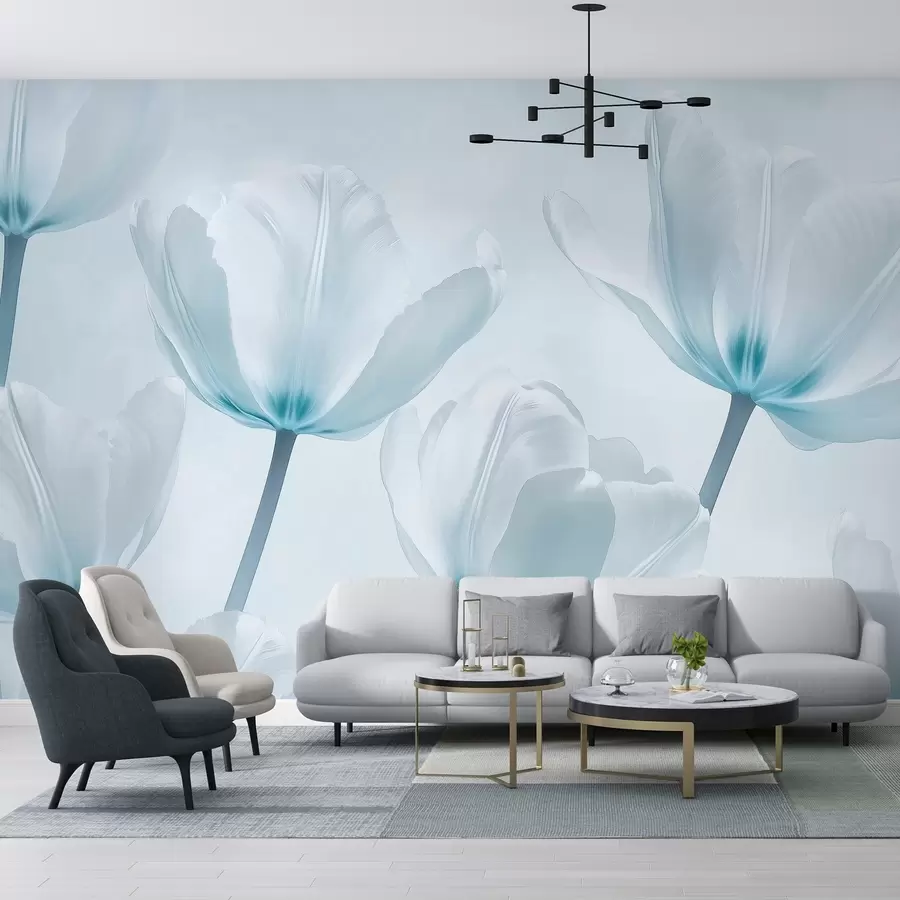 wall murals Beautiful tulips, floral, blue colors, realism w03877v1
