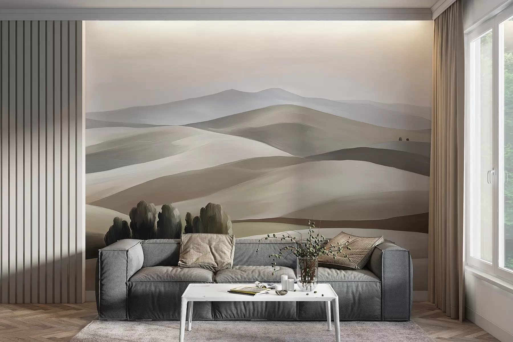 wall murals Landscapes with trees, Tuscany, beige and grey colors, oil style w03880v1