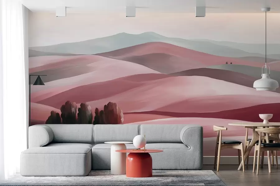 wall murals Landscapes with trees, Tuscany, pink colors, oil style w03880v2