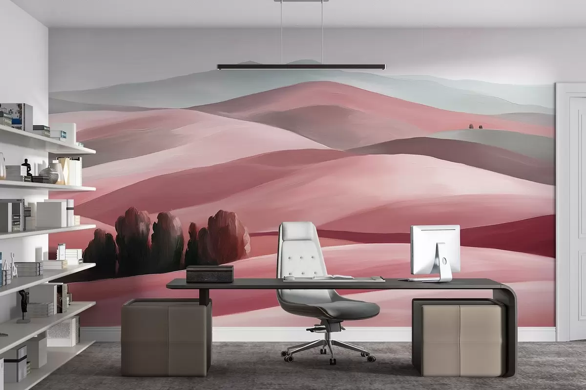 wall murals Landscapes with trees, Tuscany, pink colors, oil style w03880v2