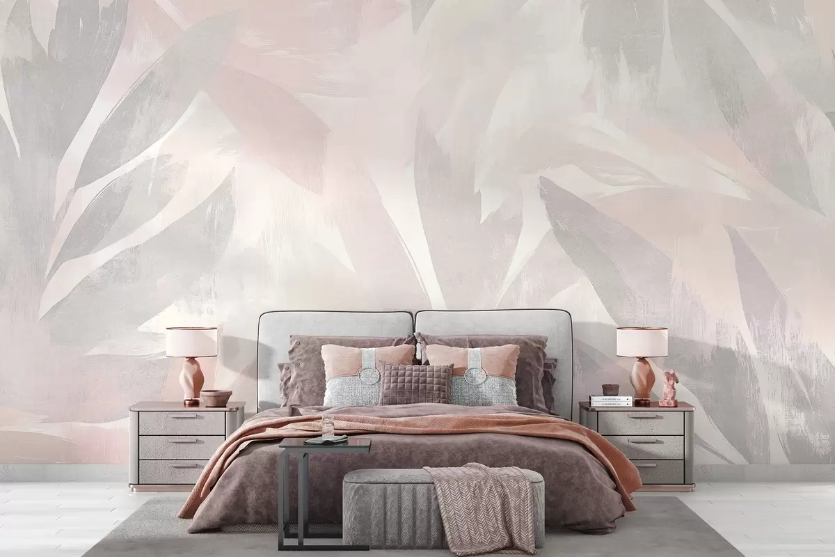 wall murals Tropical leaves, floral, palm trees, pastel style, pink and beige colors w03881
