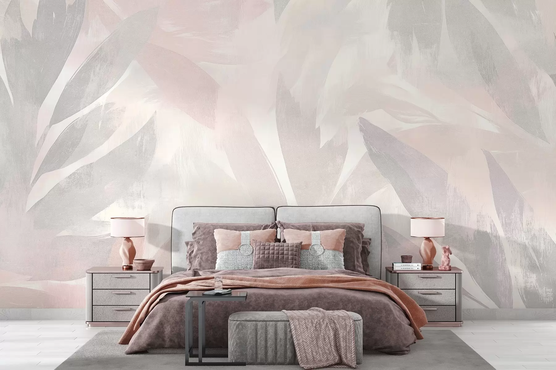 wall murals Tropical leaves, floral, palm trees, pastel style, pink and beige colors w03881
