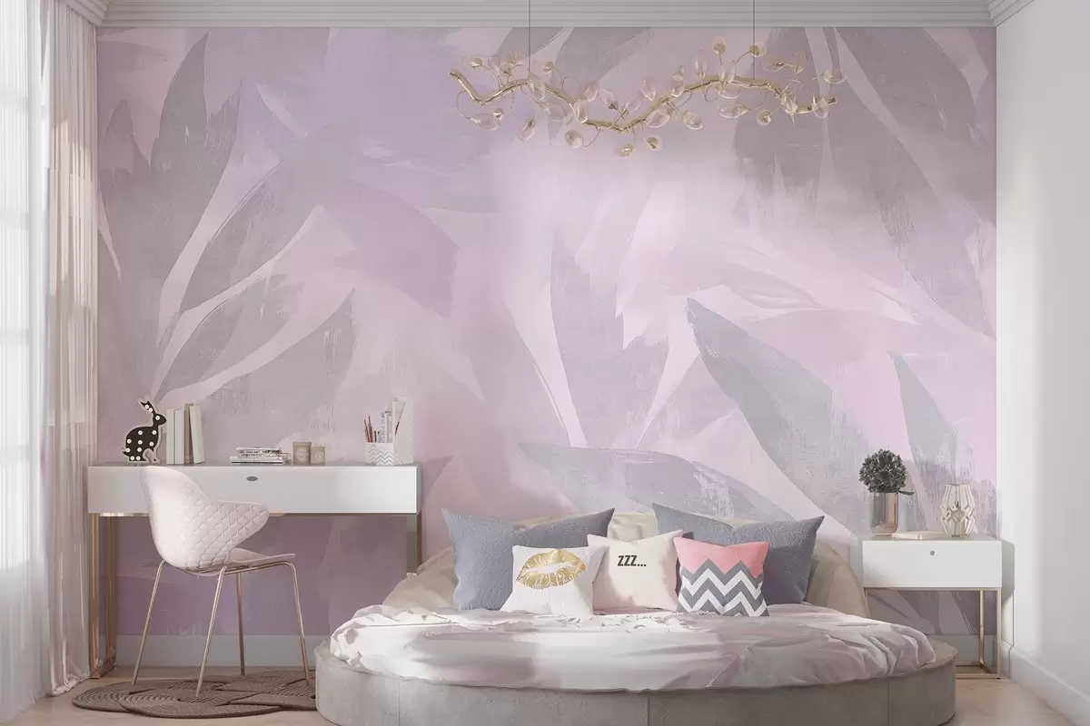 wall murals Tropical leaves, floral, palm trees, pastel style, purple colors w03881v1