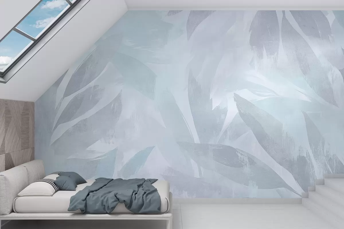 wall murals Tropical leaves, floral, palm trees, pastel style, blue colors w03881v2