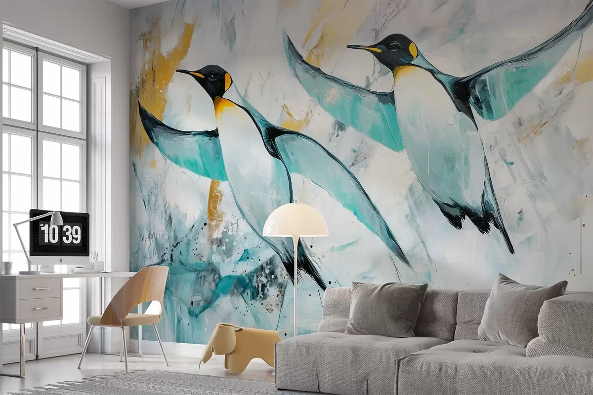 wall murals Cute penguins, Antarctic, blue ice, animals, oil style drawing  w03883