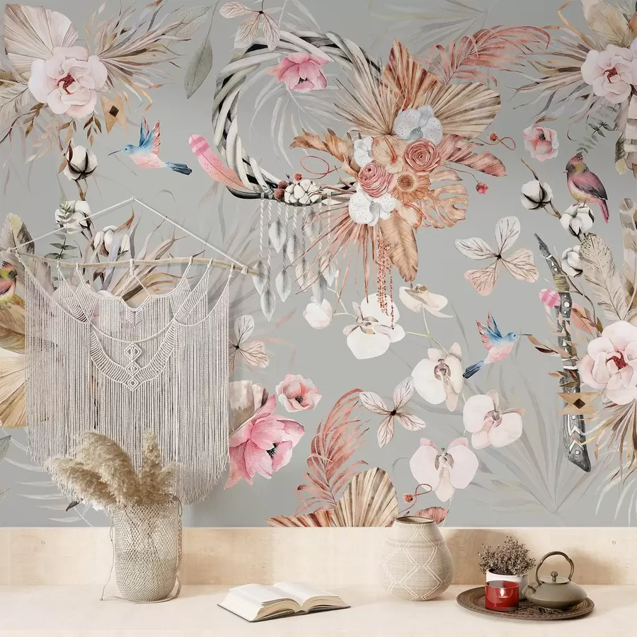wall murals Boho style ornament with peony flowers and birds, watercolor style, beige colors w03885