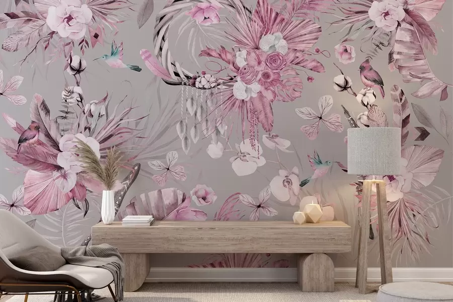 wall murals Boho style ornament with peony flowers and birds, watercolor style, pink colors w03885v1