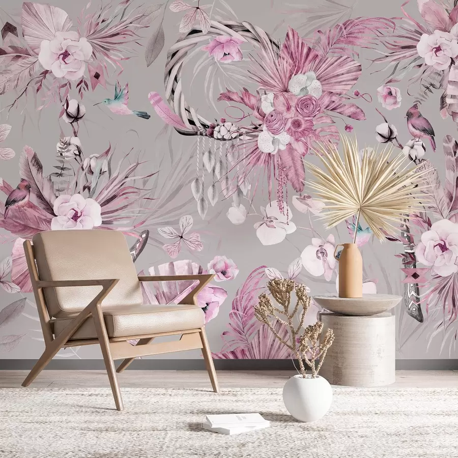 wall murals Boho style ornament with peony flowers and birds, watercolor style, pink colors w03885v1