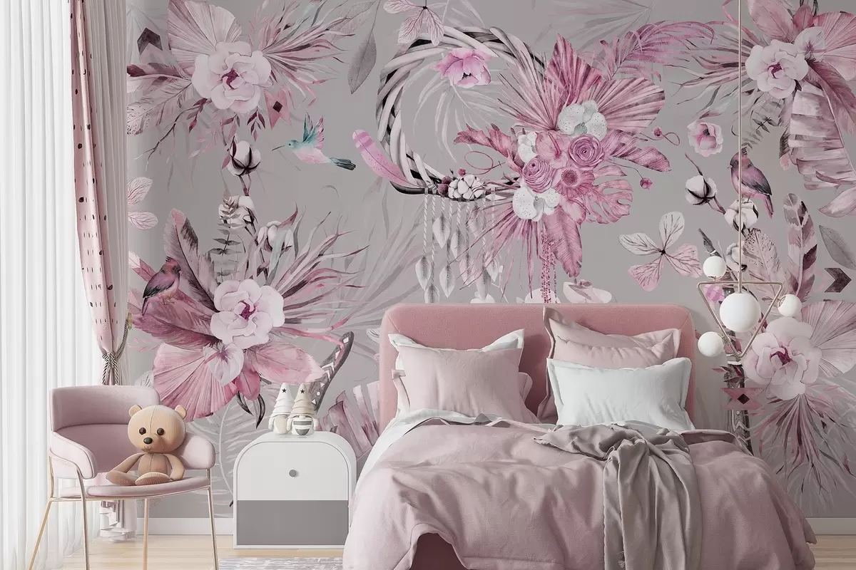 wall murals Boho style ornament with peony flowers and birds, watercolor style, pink colors w03885v1