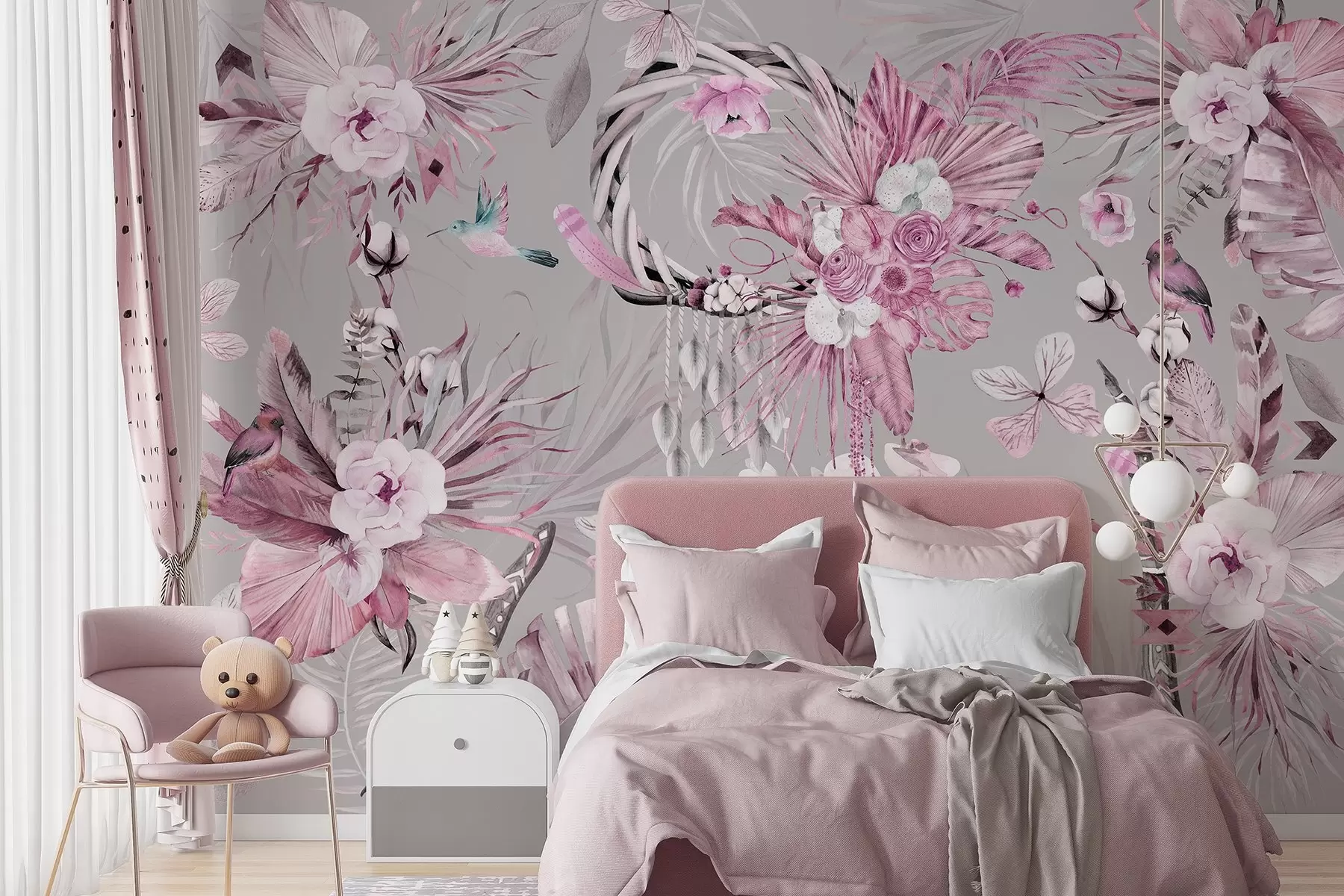 wall murals Boho style ornament with peony flowers and birds, watercolor style, pink colors w03885v1