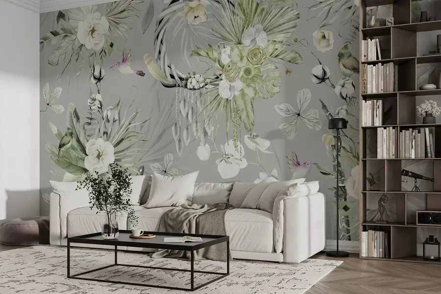 wall murals Boho style ornament with peony flowers and birds, watercolor style, green colors w03885v2