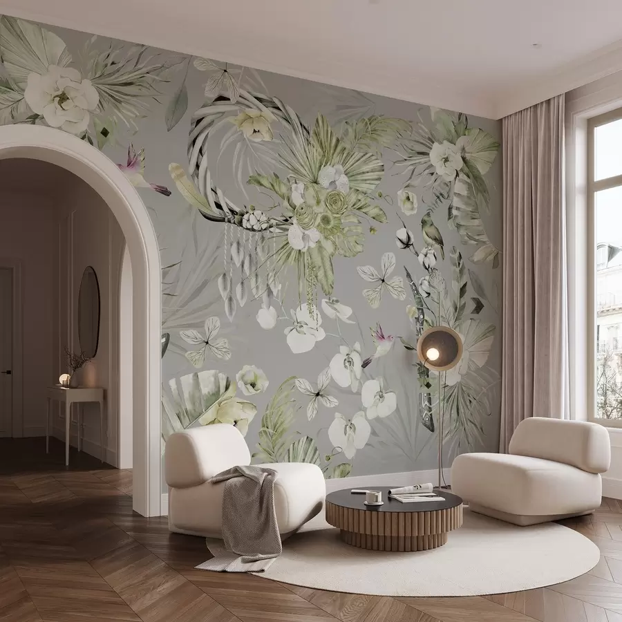 wall murals Boho style ornament with peony flowers and birds, watercolor style, green colors w03885v2