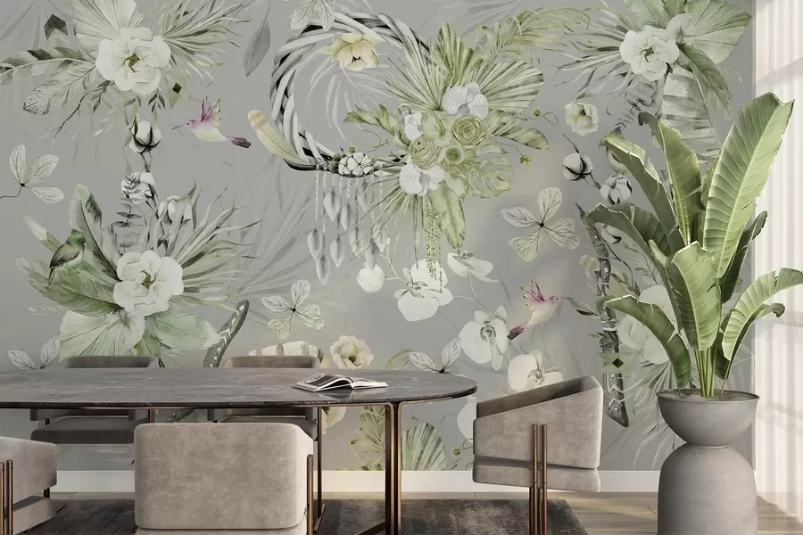 wall murals Boho style ornament with peony flowers and birds, watercolor style, green colors w03885v2