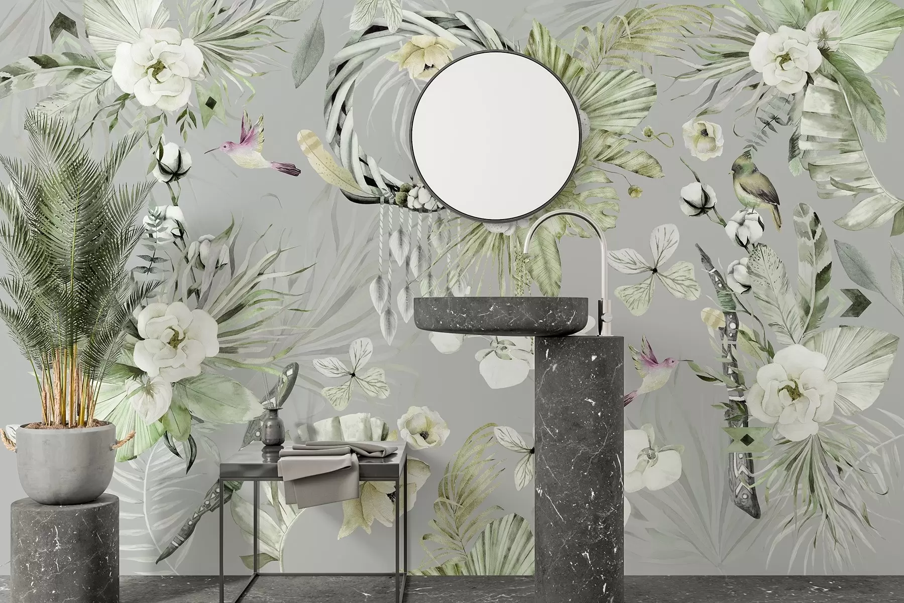 wall murals Boho style ornament with peony flowers and birds, watercolor style, green colors w03885v2