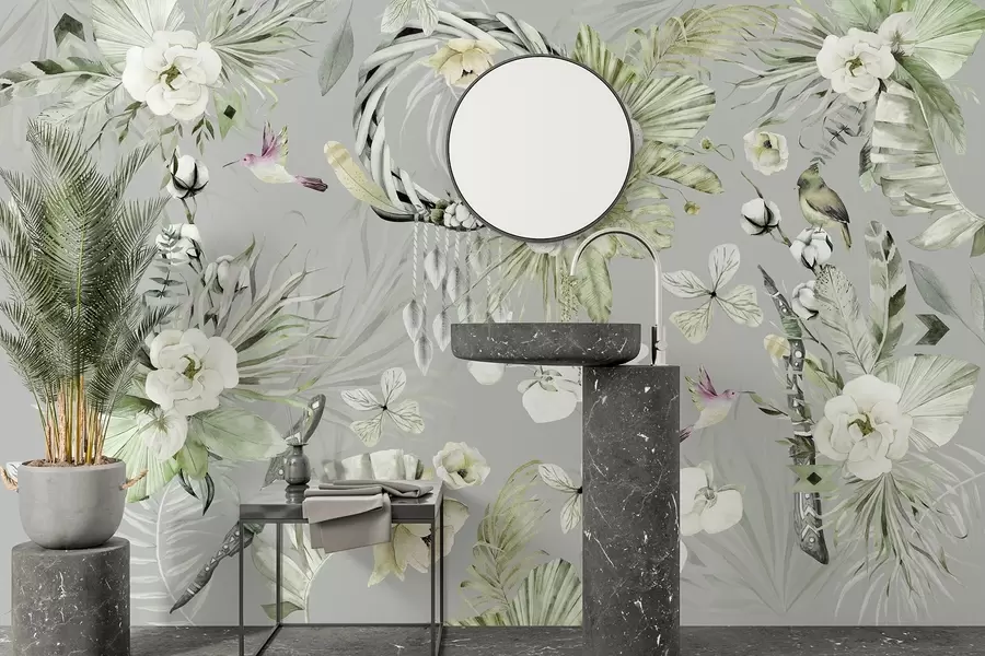 wall murals Boho style ornament with peony flowers and birds, watercolor style, green colors w03885v2