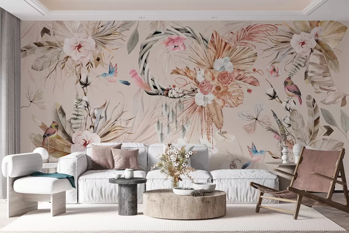 wall murals Boho style ornament with peony flowers and birds, watercolor style, soft colors w03885v3