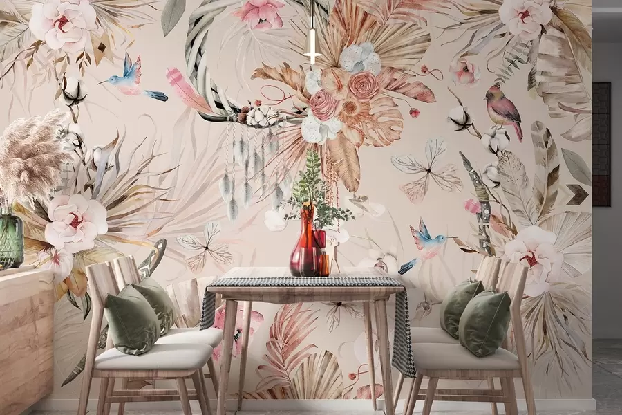 wall murals Boho style ornament with peony flowers and birds, watercolor style, soft colors w03885v3