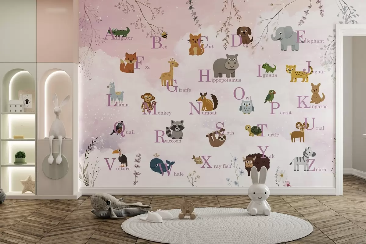 wall murals Alphabet with pink letters, plants and sky w03809