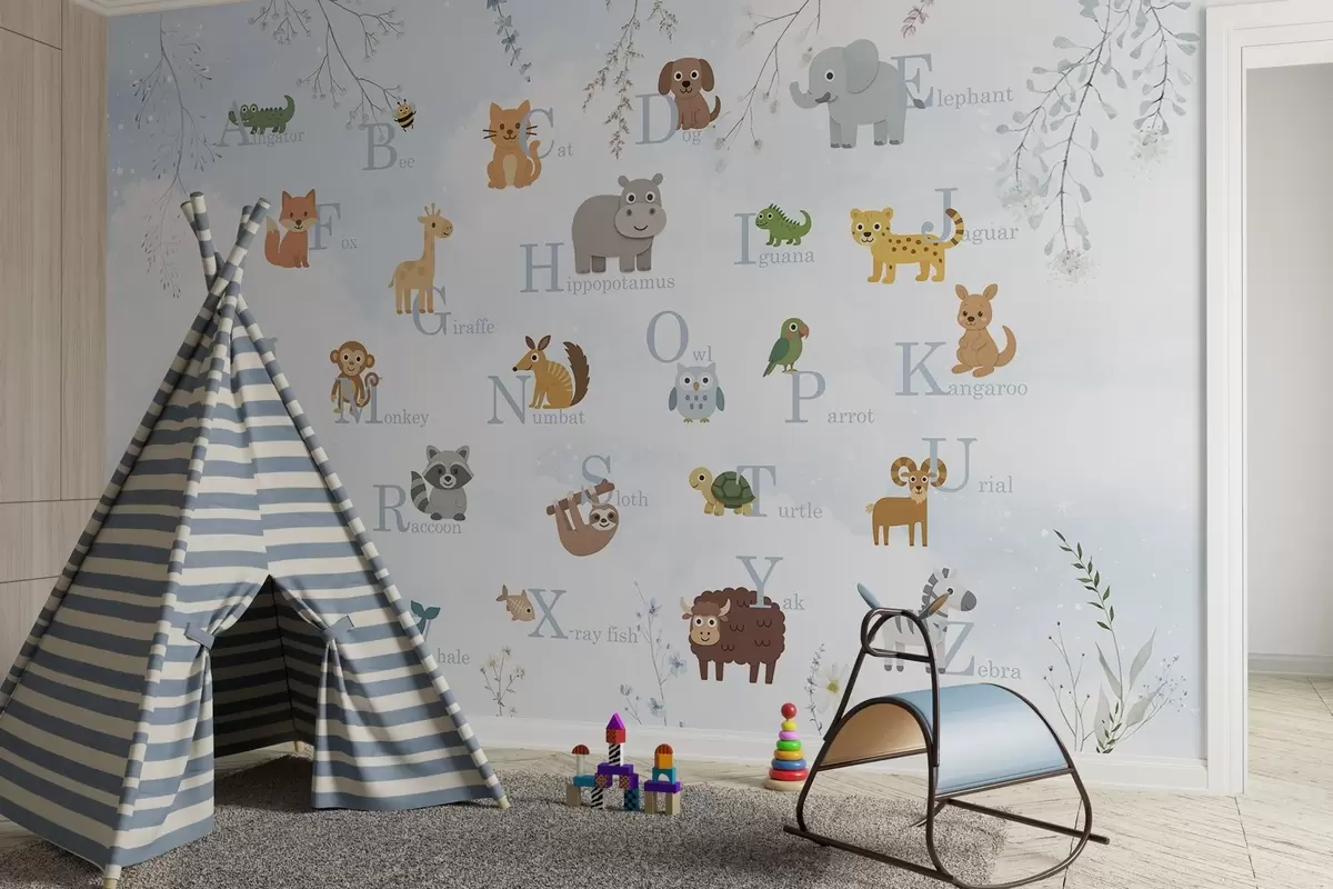 wall murals Alphabet with blue letters, plants and sky w03809v1