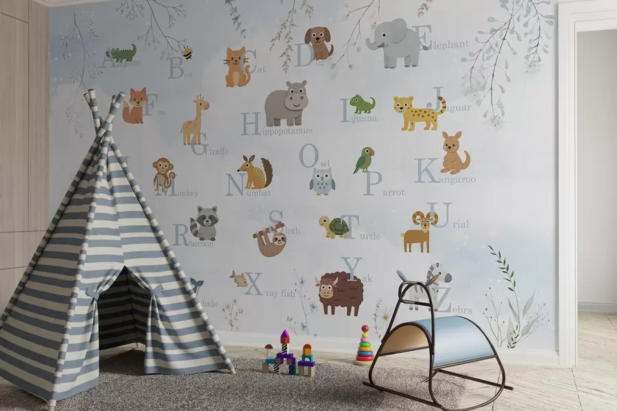 wall murals Alphabet with blue letters, plants and sky w03809v1