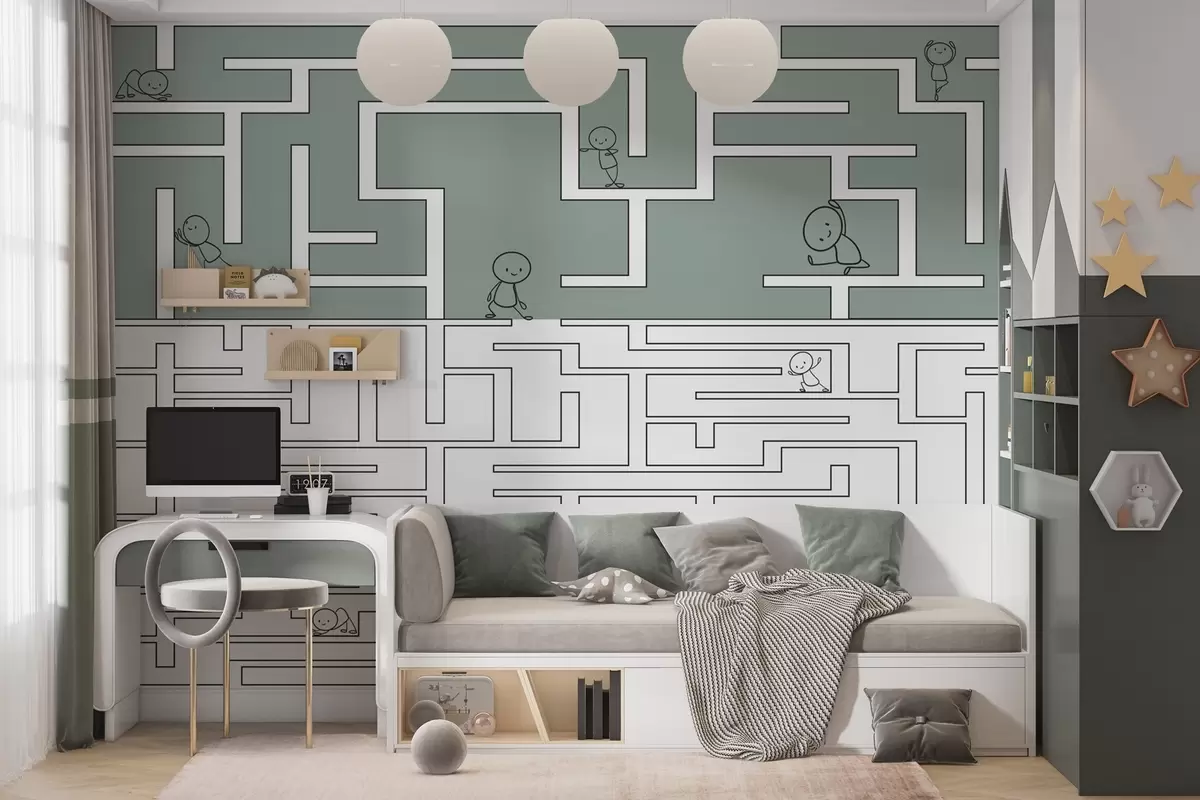 wall murals Labyrinth in green and white w03873v3