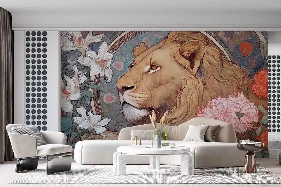 wall murals A lion surrounded by many flowers in the style of Alphonse Mucha w09073