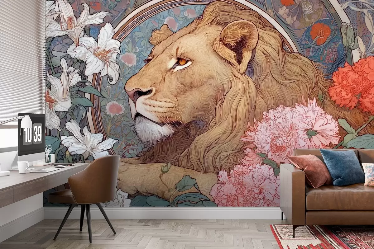wall murals A lion surrounded by many flowers in the style of Alphonse Mucha w09073