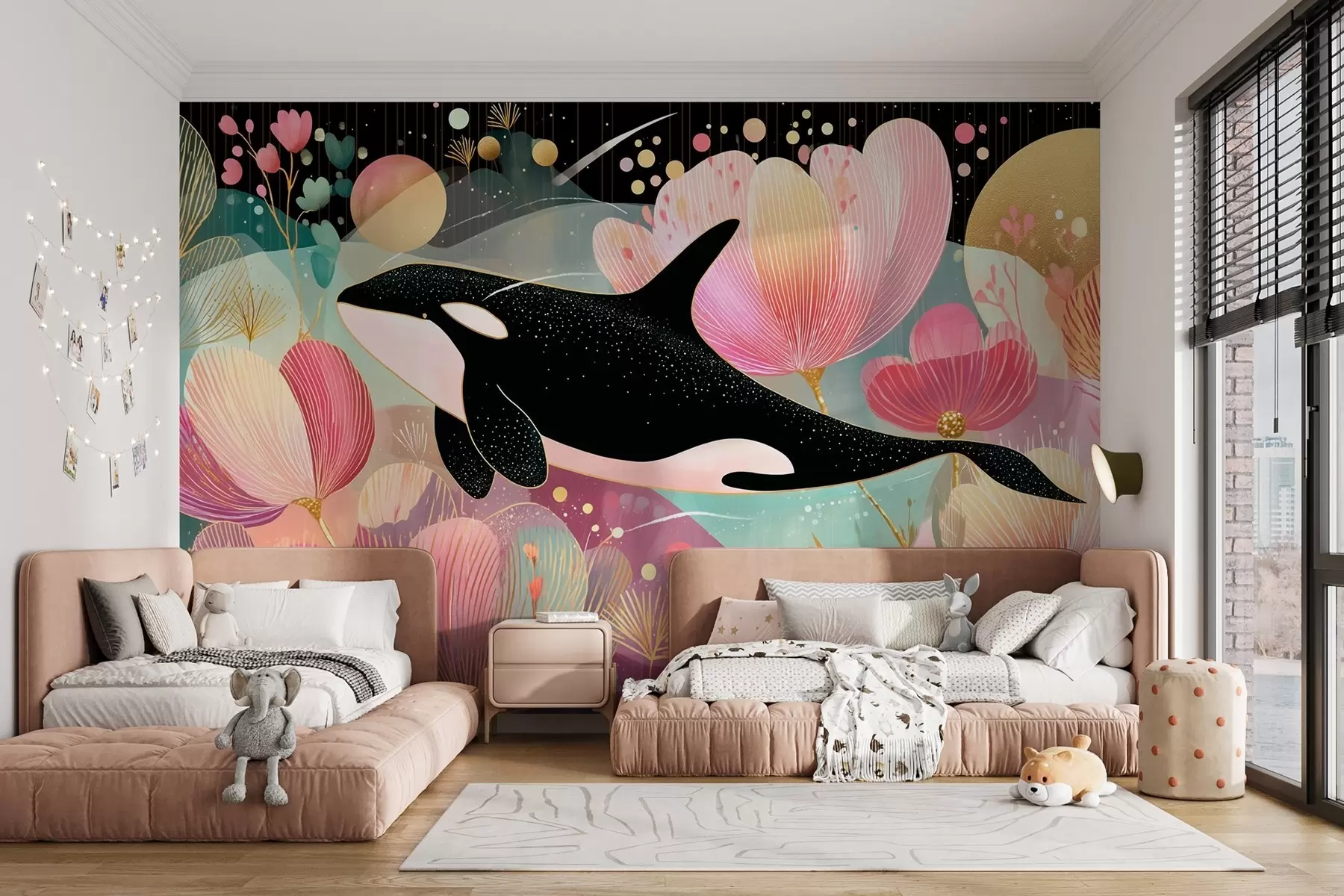 wall murals A swimming black orca against a background of pink flowers w09074