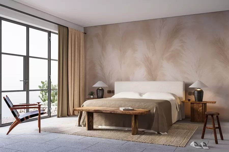 wall murals Pampas grass in beige and pink tones w09077