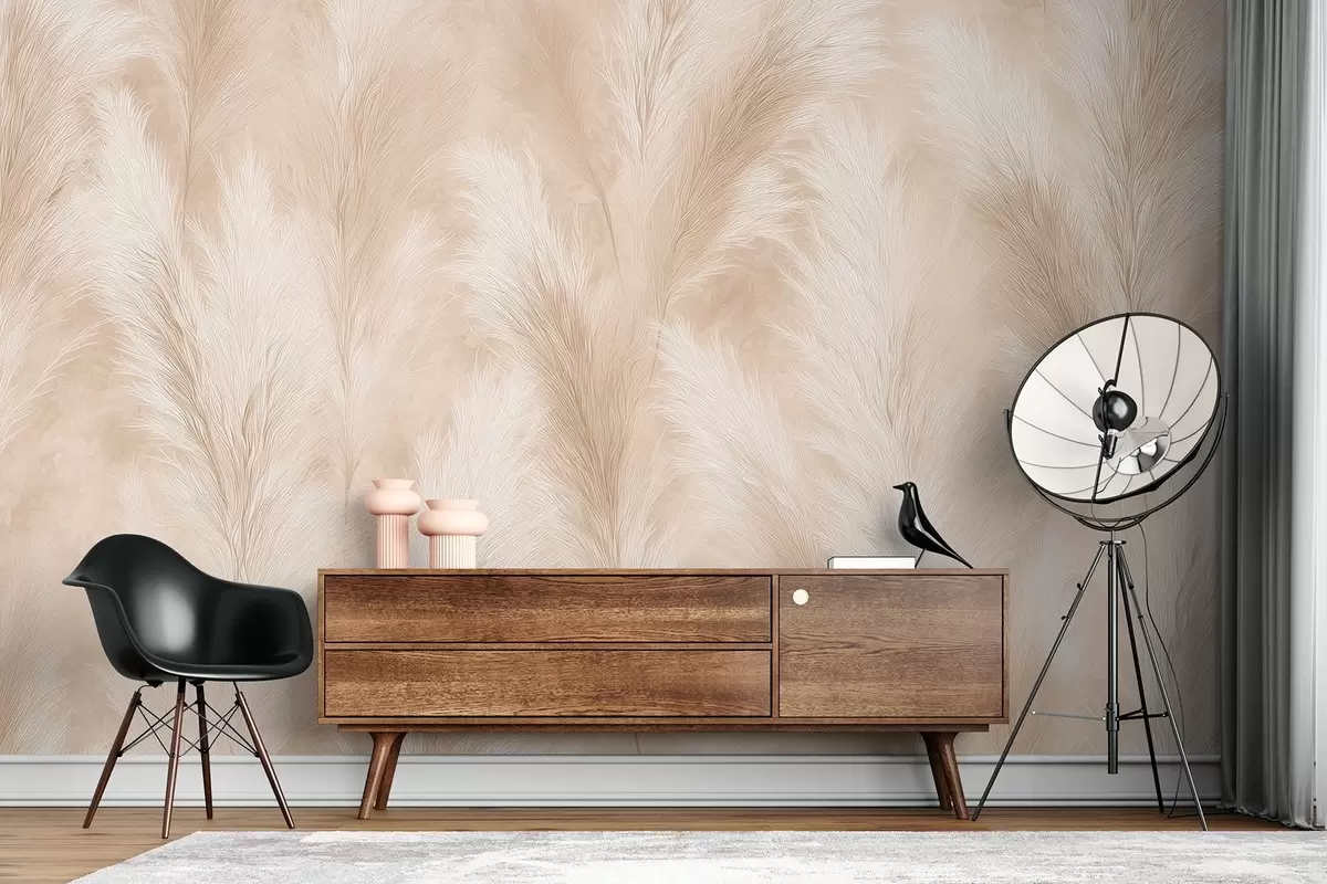 wall murals Pampas grass in beige and pink tones w09077