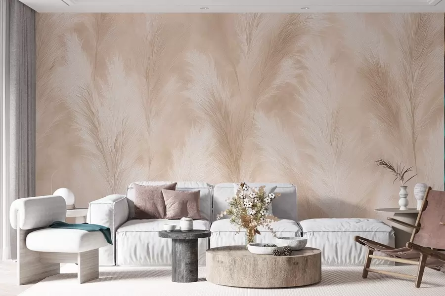wall murals Pampas grass in beige and pink tones w09077
