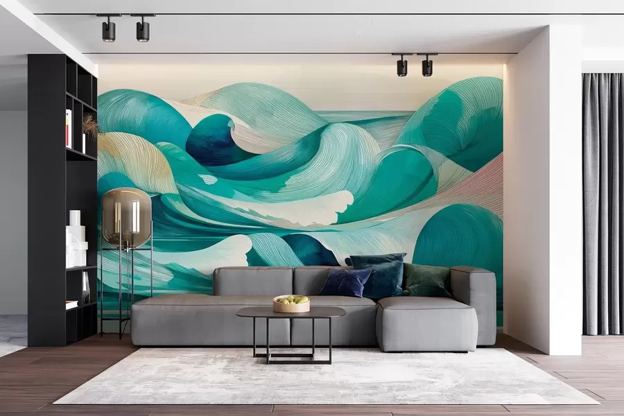wall murals Waves with lines in blue and turquoise colors w09078
