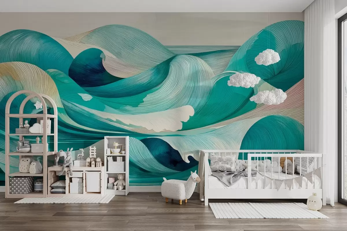 wall murals Waves with lines in blue and turquoise colors w09078