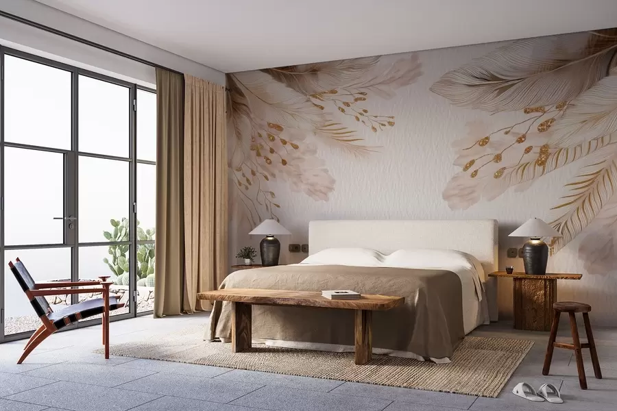 wall murals Pampas grass and feathers in watercolor style in beige and white on paper w09079