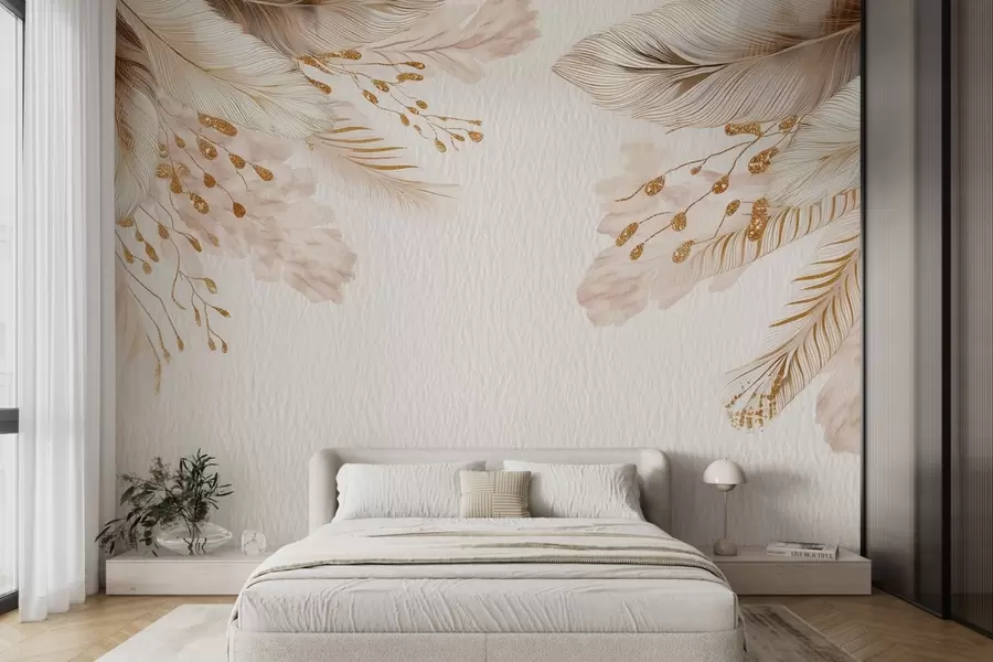 wall murals Pampas grass and feathers in watercolor style in beige and white on paper w09079