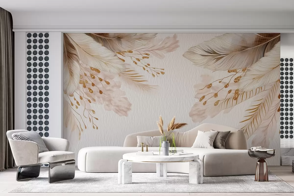 wall murals Pampas grass and feathers in watercolor style in beige and white on paper w09079