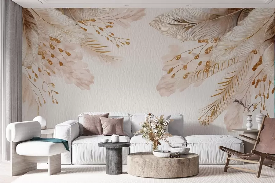 wall murals Pampas grass and feathers in watercolor style in beige and white on paper w09079