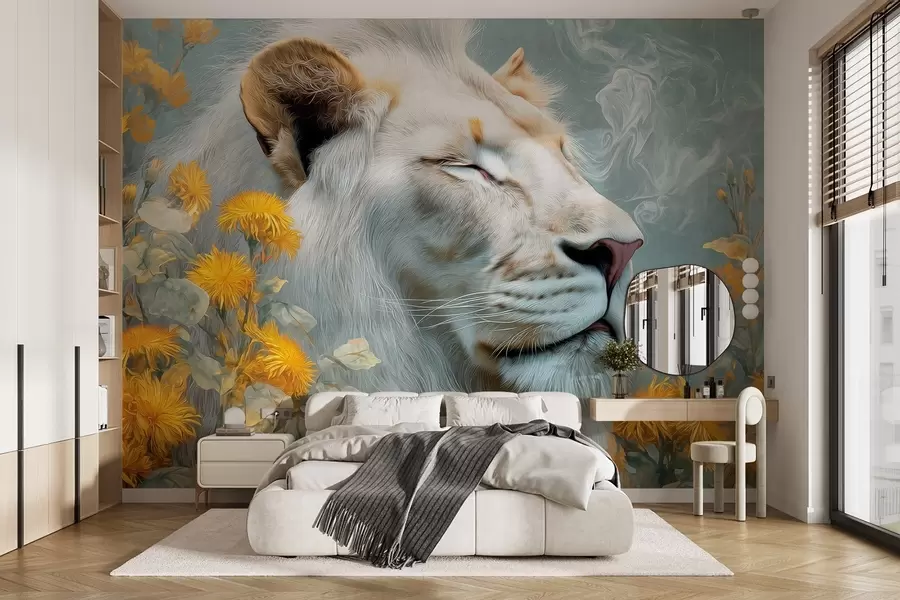 wall murals A white lion surrounded by yellow flowers and smoke w09080